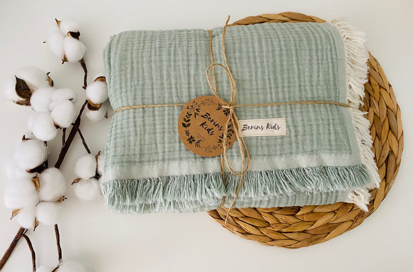 Sage-Ecru Large Double Sided Soft Gauze Blanket for Baby/Kids