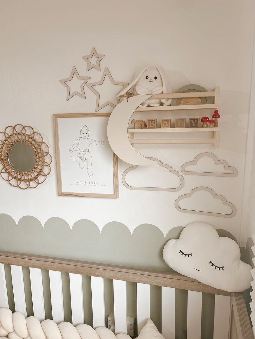 Wooden Set of 9 Wall Decor, Moon, Cloud, Star, Balloon | Boho Style Nursery Wall  Decor