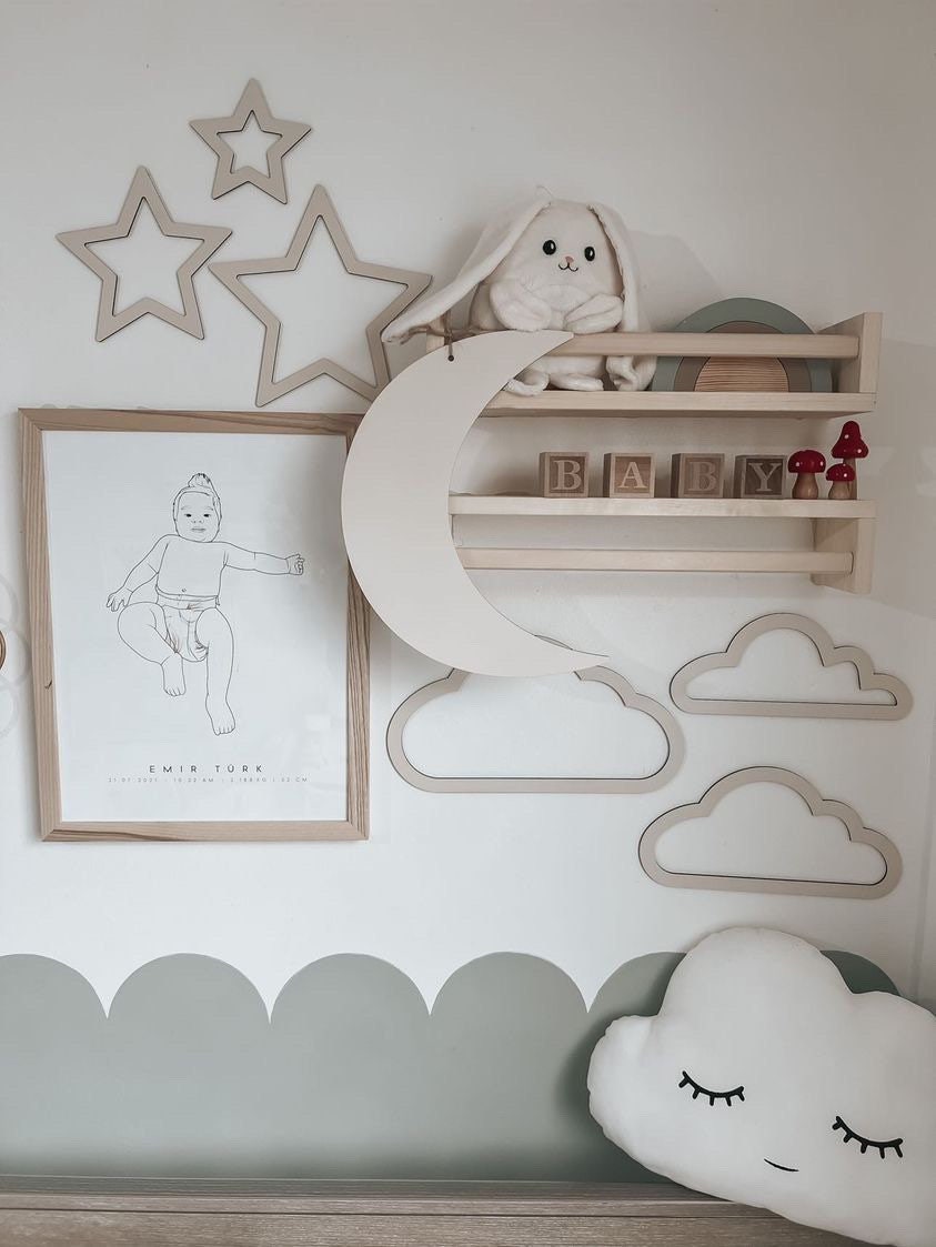 Wooden Set of 9 Wall Decor, Moon, Cloud, Star, Balloon | Boho Style Nursery Wall  Decor