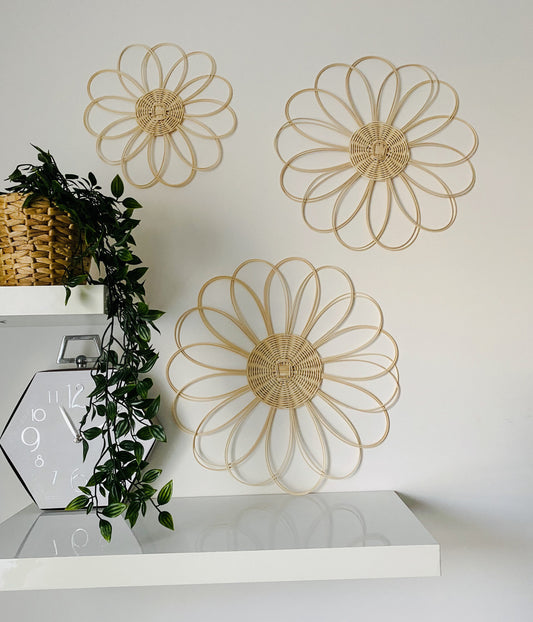 Handmade 3X Rattan Flower Wall Hanging | Boho Style Wall Decor