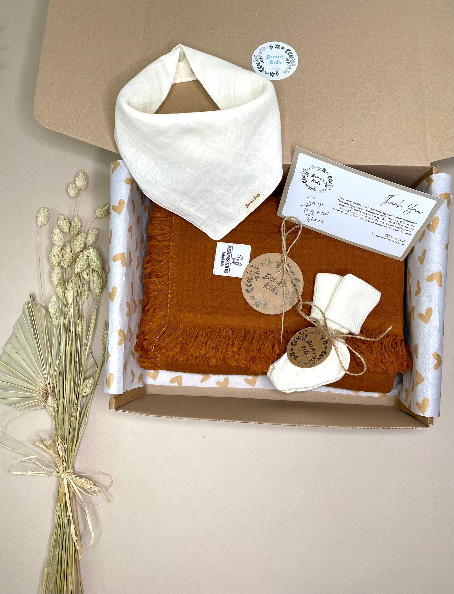 Baby Gift Set, Cinnamon Muslin Blanket, Bib, and Socks