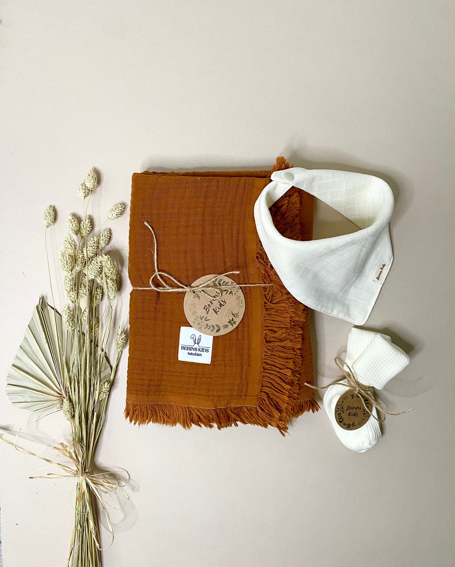 Baby Gift Set, Cinnamon Muslin Blanket, Bib, and Socks