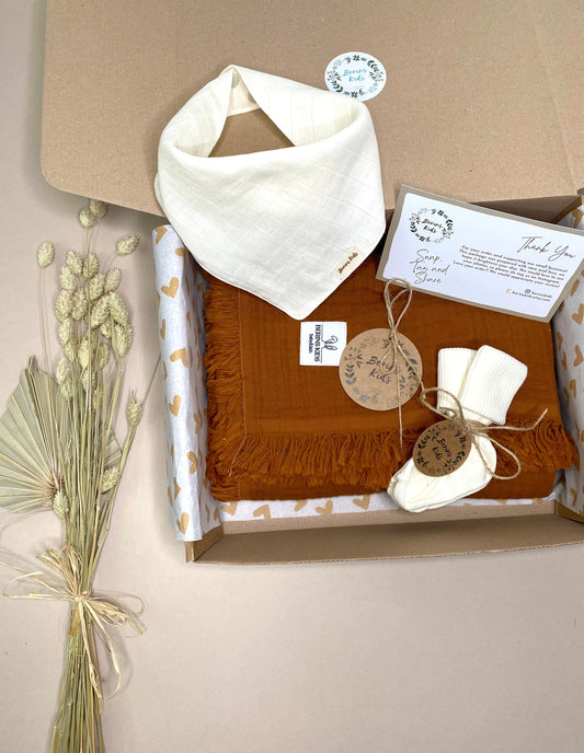 Baby Gift Set, Cinnamon Muslin Blanket, Bib, and Socks