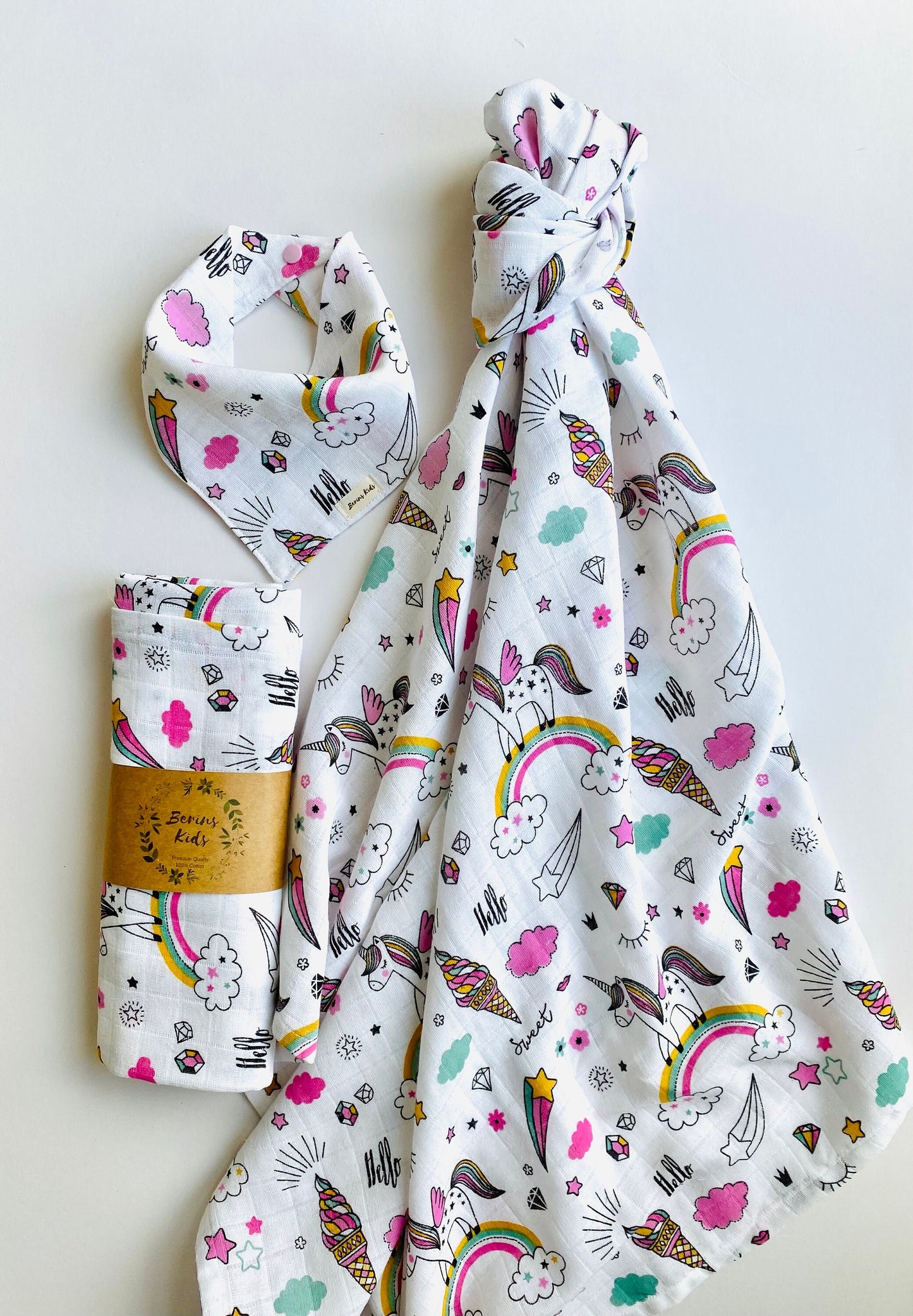 Muslin Swaddle and Bib Set of 2| Pink Unicorn Soft Muslin Blanket, Muslin Bib