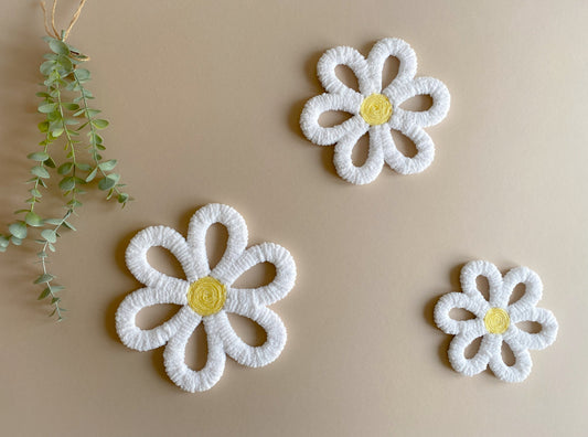 Set of 3 White/Yellow Flower Wall Hanging | Handmade Daisy Flower Nursery Wall Decor