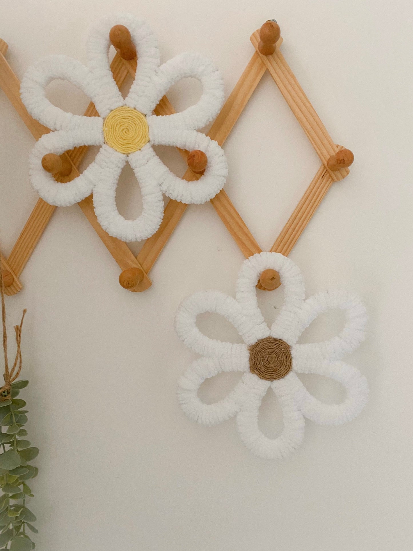 Set of 3 White/Yellow Flower Wall Hanging | Handmade Daisy Flower Nursery Wall Decor