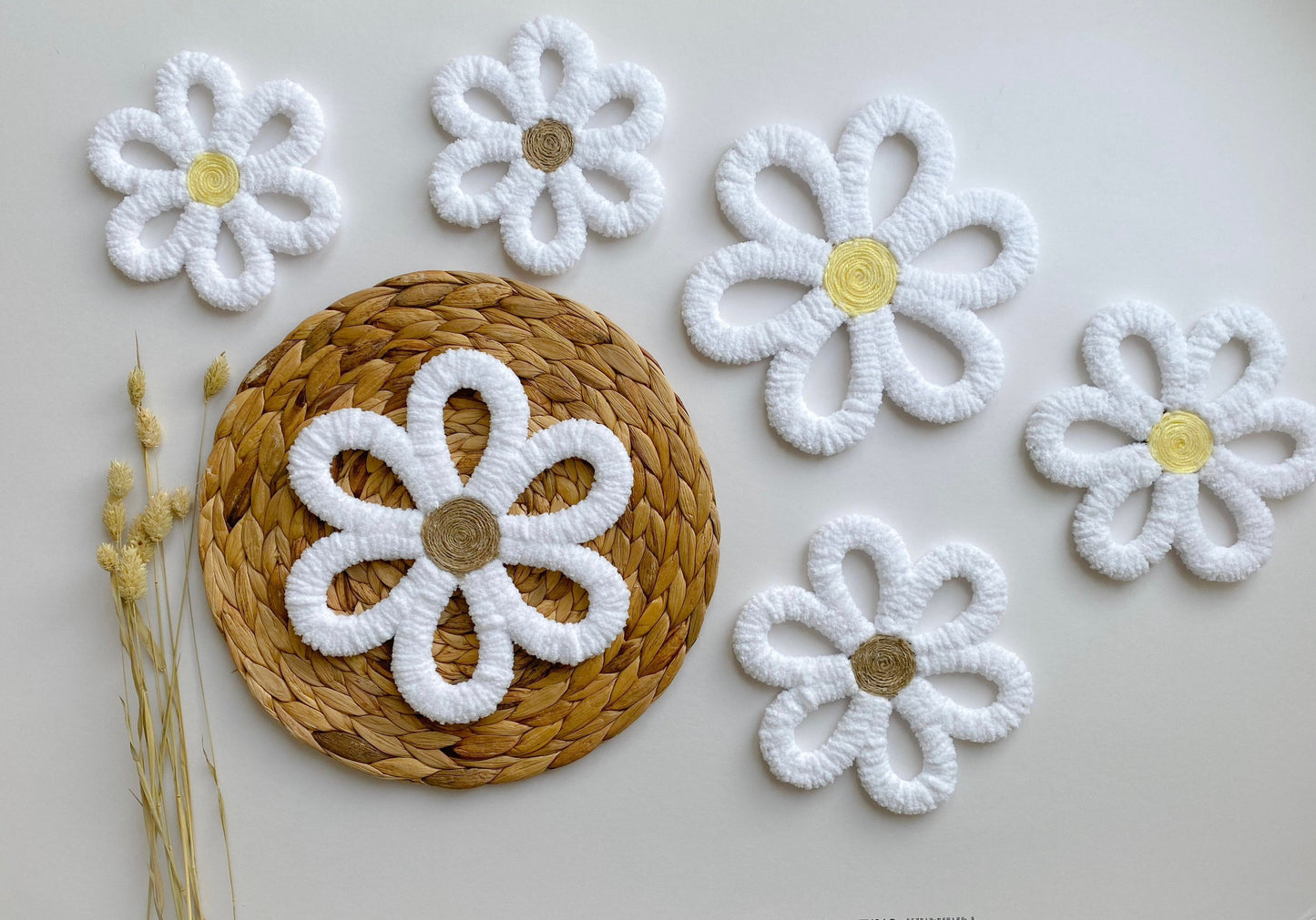 Set of 3 White/Yellow Flower Wall Hanging | Handmade Daisy Flower Nursery Wall Decor