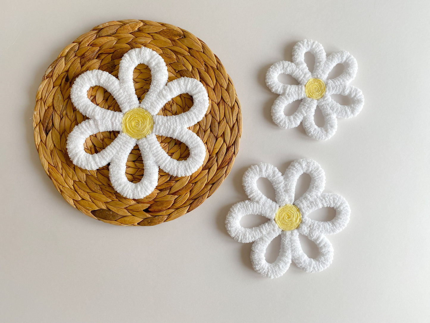 Set of 3 White/Yellow Flower Wall Hanging | Handmade Daisy Flower Nursery Wall Decor