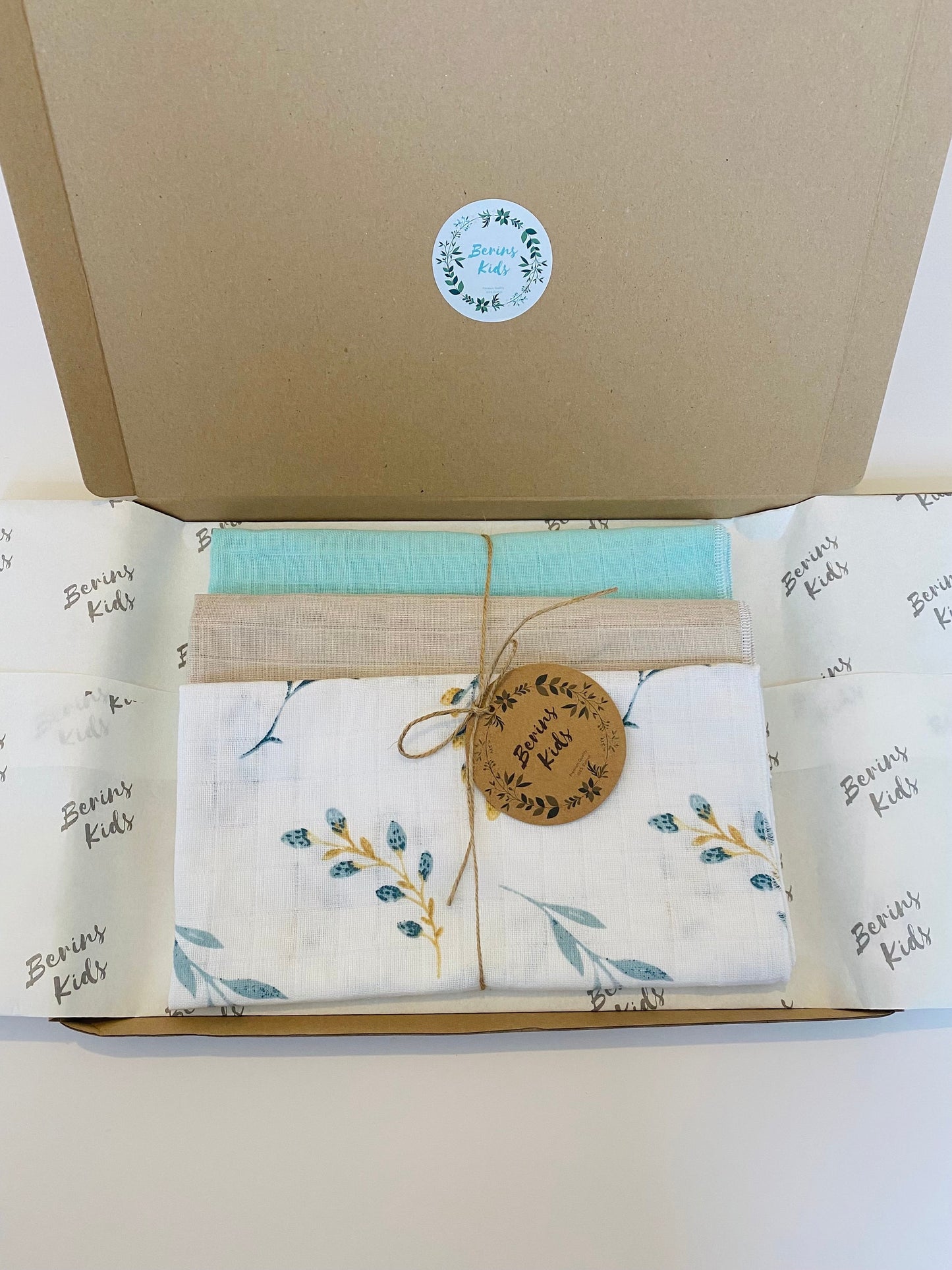 Turquoise-Leaf Muslin Squares 3 Packs, 50x50cm Baby Face Towel/Flannels for Bath|  Baby Gift Set